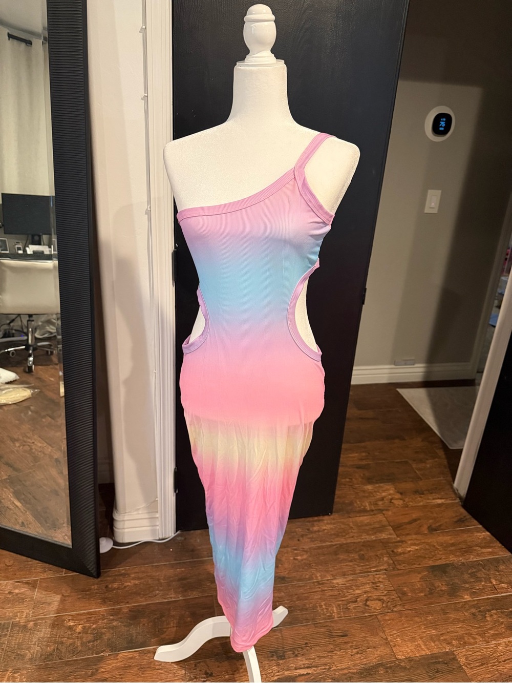 One-Shoulder Pastel Ombre Cutout Maxi Dress - Pink Blue